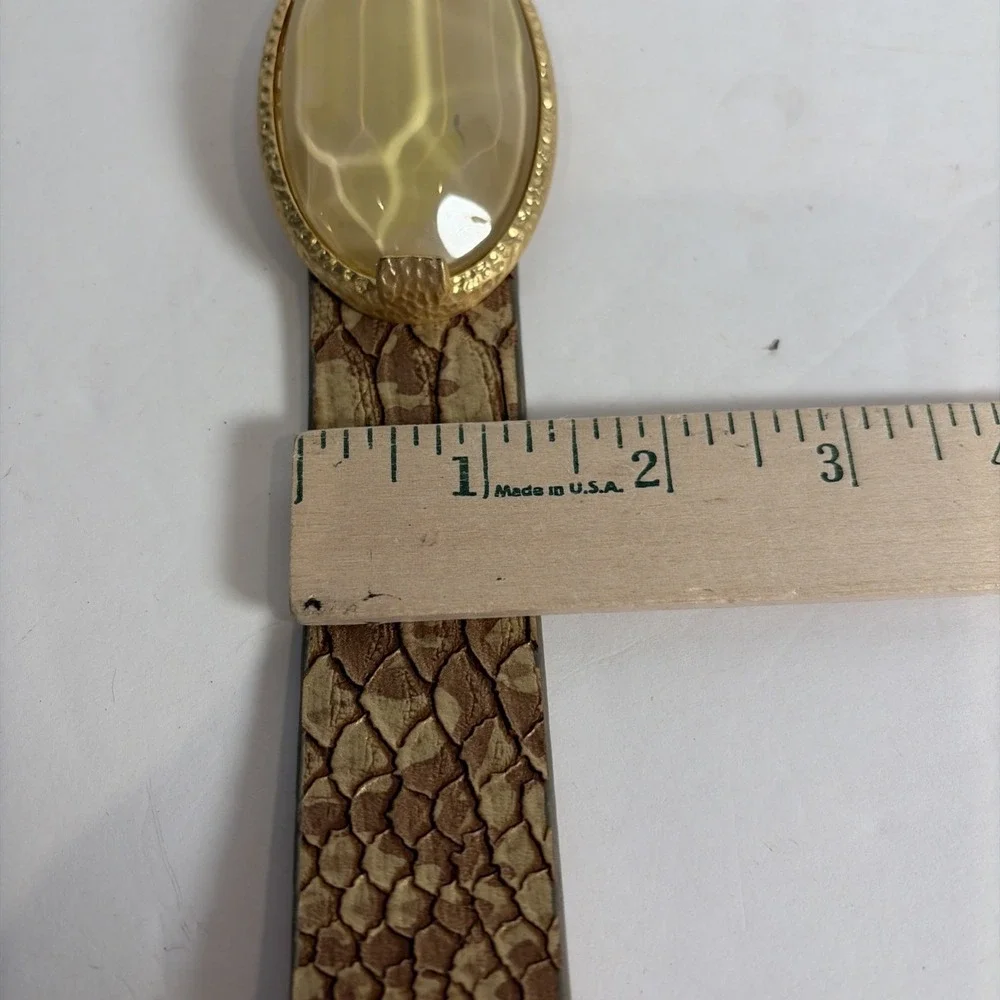 Chico's Snakeskin Pattern Leather Belt Gold Amber Lucite Buckle Adjustable M L